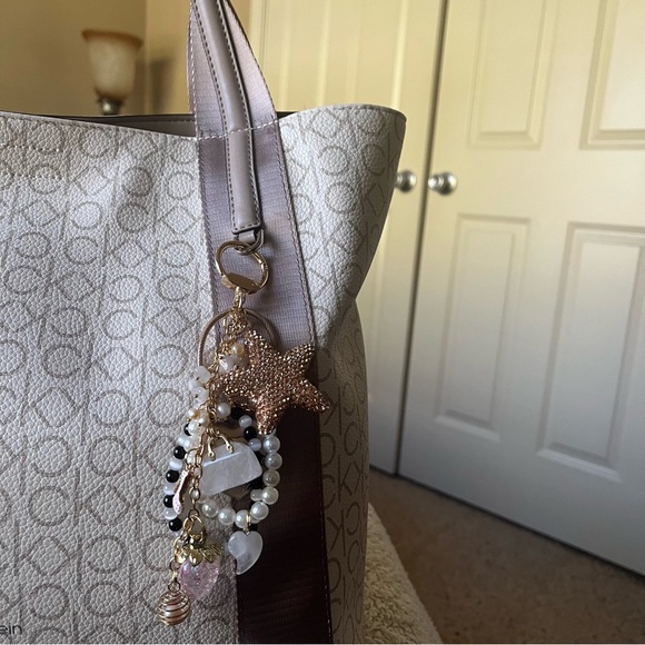 Crystal Quartz, Obsidian & Freshwater Pearls Bag Charm Keychain - Picture 8 of 11